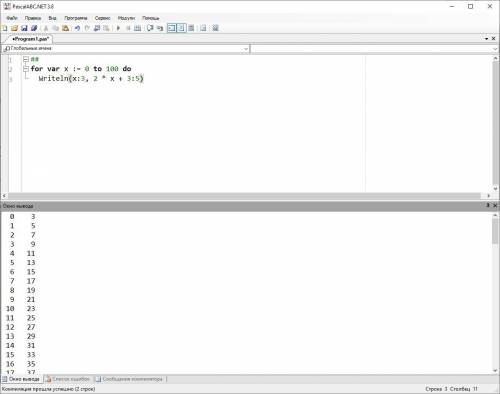 Табулирование функции y=2x+3 на языке Паскаль (8класс)