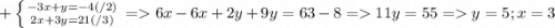 +\left \{ {{-3x+y=-4}(/2)\atop {2x+3y=21}(/3)} \right. =6x-6x+2y+9y=63-8 } =11y=55=y=5;x=3