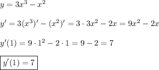 y=3x^{3}-x^{2}\\\\y'=3(x^{3})'-(x^{2})'=3\cdot3x^{2} -2x=9x^{2} -2x\\\\y'(1)=9\cdot1^{2} -2\cdot1=9-2=7\\\\\boxed{y'(1)=7}