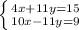 \left \{ {{4x+11y=15} \atop {10x-11y=9}} \right.