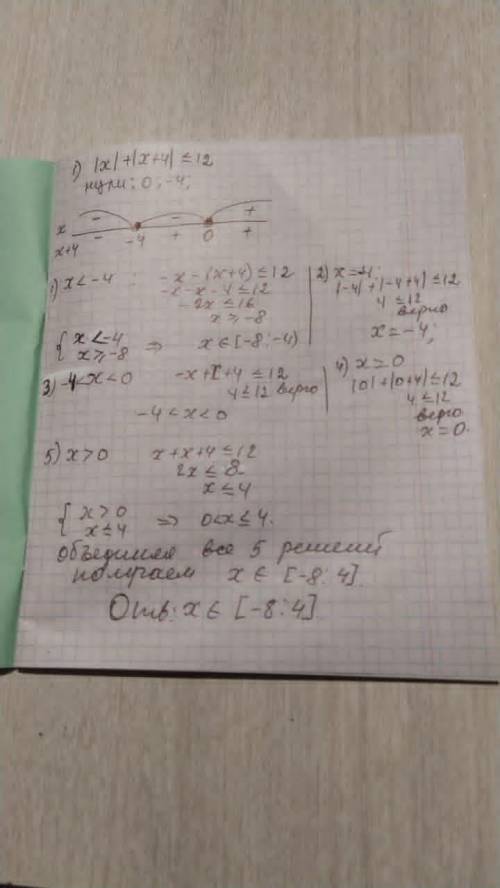 1. |x|+|x+4|≤12 2. |x+5|-|x-3|>10 Методом интервалов