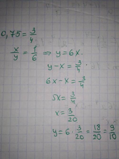 отношение двух чисел равно 1/6 найди эти положительные числа,если их разность равна 0,75. Меньшее чи