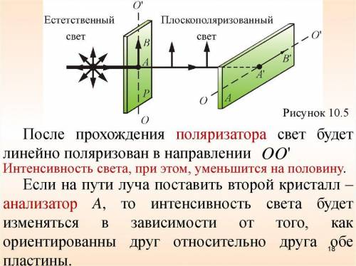 Свет от лампочки распространяется через систему из 2-х скрещенных поляризатора и анализатора (т.е. у