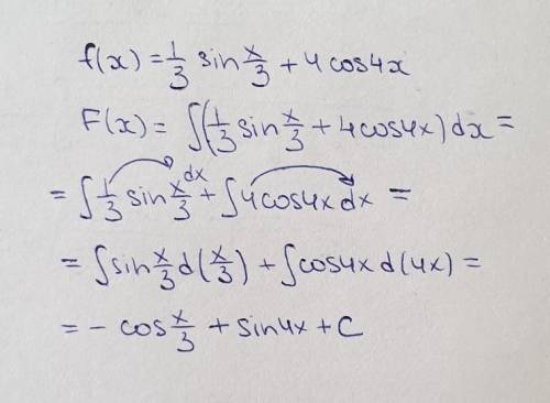 Найдите первообразную функции f(x)=(1/3)sin(x/3)+4cos4x, график которой проходит через точу А(П;3)