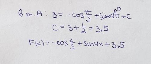 Найдите первообразную функции f(x)=(1/3)sin(x/3)+4cos4x, график которой проходит через точу А(П;3)