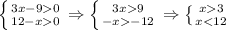 \left \{ {{3x-90} \atop {12-x0}} \right. \Rightarrow\left \{ {{3x9} \atop {-x-12}} \right. \Rightarrow\left \{ {{x3} \atop {x