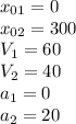 x_{01}=0\\x_{02}=300\\V_{1}=60\\V_{2}=40\\a_{1}=0 \\a_{2}=20