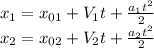 x_{1}=x_{01}+V_1t+\frac{a_1t^2}{2}\\x_{2}=x_{02}+V_2t+\frac{a_2t^2}{2}