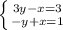 \left \{ {{3y-x=3} \atop {-y+x=1}} \right.