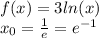 f(x) = 3 ln(x) \\ x_0 = \frac{1}{e} = {e}^{ - 1} \\