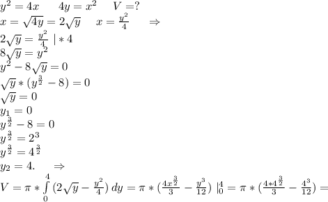 y^2=4x\ \ \ \ \ 4y=x^2\ \ \ \ V=?\\x=\sqrt{4y} =2\sqrt{y} \ \ \ \ x=\frac{y^2}{4}\ \ \ \ \Rightarrow\\2\sqrt{y}=\frac{y^2}{4} \ |*4\\8\sqrt{y} =y^2\\y^2-8\sqrt{y} =0\\\sqrt{y} *(y^{\frac{3}{2}} -8)=0\\\sqrt{y} =0\\y_1=0\\y^{\frac{3}{2} }-8=0\\y^{\frac{3}{2} }=2^3\\y^{\frac{3}{2} }=4^{\frac{3}{2}} \\y_2 =4.\ \ \ \ \Rightarrow\\V=\pi *\int\limits^4_0 {(2\sqrt{y}-\frac{y^2}{4} )} \, dy =\pi *(\frac{4x^{\frac{3}{2}} }{3} -\frac{y^3}{12} )\ |_0^4=\pi *(\frac{4*4^{\frac{3}{2}} }{3}-\frac{4^3}{12}})=