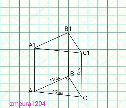 дана прямая треугольная призма в основании которой лежит прямоугольный треугольник с катетом 11см и