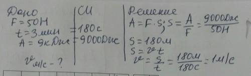 Хлопчик рівномірно тягне санки із силою 50Н. Обчислити швидкість санок, якщо за 3 хвилини хлопчик ви