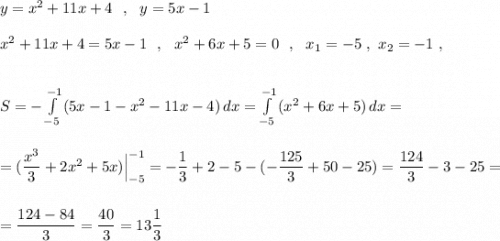 y=x^2+11x+4\ \ ,\ \ y=5x-1\\\\x^2+11x+4=5x-1\ \ ,\ \ x^2+6x+5=0\ \ ,\ \ x_1=-5\ ,\ x_2=-1\ ,\\\\\\S=-\int\limits^{-1}_{-5}\, (5x-1-x^2-11x-4)\, dx=\int\limits^{-1}_{-5}\, (x^2+6x+5)\, dx=\\\\\\=(\dfrac{x^3}{3}+2x^2+5x)\Big|_{-5}^{-1}=-\dfrac{1}{3}+2-5-(-\dfrac{125}{3}+50-25)=\dfrac{124}{3}-3-25=\\\\\\=\dfrac{124-84}{3}=\dfrac{40}{3}=13\dfrac{1}{3}