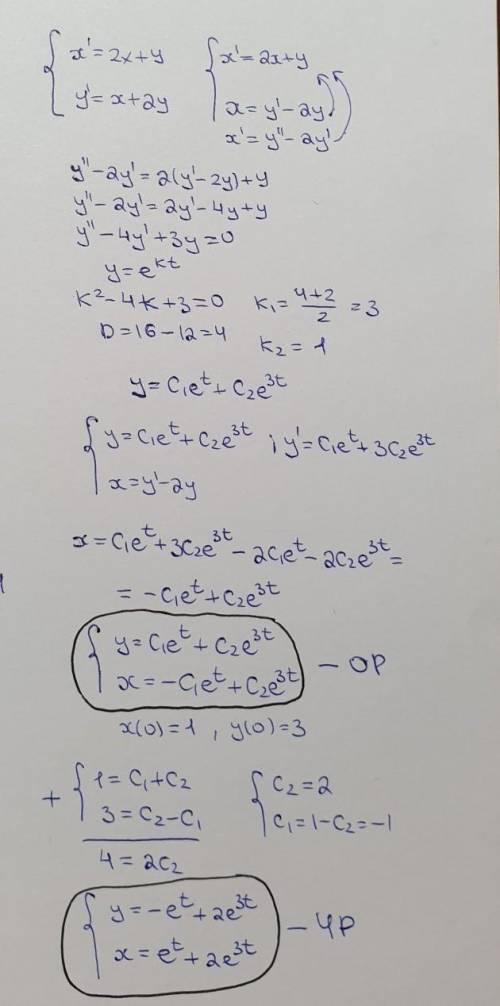 Решить систему уравнений и найти частные решения, которые удовлетворяют приведенным начальным услови