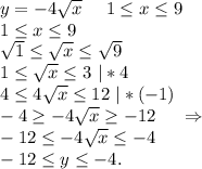 y=-4\sqrt{x} \ \ \ \ 1\leq x\leq 9\\1\leq x\leq 9\\\sqrt{1}\leq \sqrt{x} \leq \sqrt{9} \\1\leq \sqrt{x} \leq 3\ |*4\\4\leq 4\sqrt{x} \leq 12\ |*(-1)\\-4\geq -4\sqrt{x} \geq -12 \ \ \ \ \Rightarrow\\-12\leq -4\sqrt{x} \leq -4\\-12\leq y \leq -4.\\