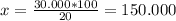 x=\frac{30.000*100}{20}=150.000