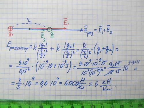 На расстоянии 30см друг от друга находятся заряды, имеющие величину 10 нКл и -5нКл. Какой будет напр