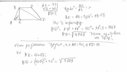 Б. У трапеції ABCD кут BАD дорівнює 60°, висота ВК ділить основу AD на відрізки 33 см і 40 см. Знайт