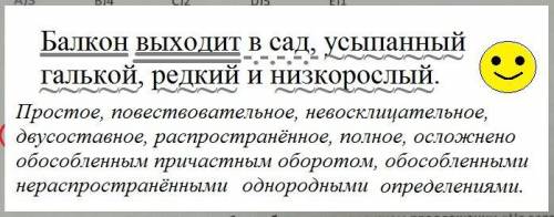 Синтаксический разбор предложения : балкон выходит в сад, усыпанный галькой, редкий и низкорослый