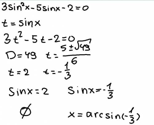 Решить тригонометрическое уравнение и показать его решение 3sin^{2}x-5sin-2=0