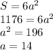 S=6a^2\\1176=6a^2\\a^2=196\\a=14\\