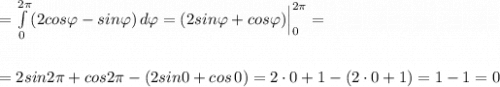 =\int \limits_{0}^{2\pi }(2cos\varphi -sin\varphi )\, d\varphi =(2sin\varphi +cos\varphi )\Big|_0^{2\pi }=\\\\\\=2sin2\pi +cos2\pi -(2sin0+cos\, 0)=2\cdot 0+1-(2\cdot 0+1)=1-1=0