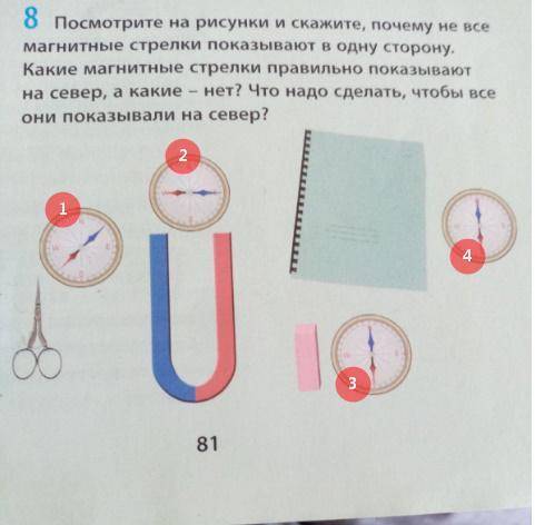 посмотрите на рисунки и скажите почему не стрелки показывают в одну сторону . какие магнитные стрелк