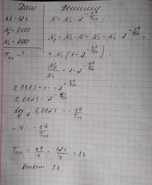 Каков период полураспада радиоактивного изотопа, если за 12 часов в среднем распадается 7500 атомов