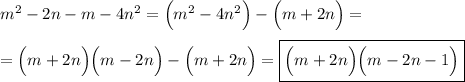 m^{2} -2n-m-4n^{2} =\Big(m^{2}-4n^{2}\Big)-\Big(m + 2n\Big)=\\\\=\Big(m+2n\Big)\Big(m-2n\Big)-\Big(m+2n\Big)=\boxed{\Big(m+2n\Big)\Big(m-2n-1\Big)}