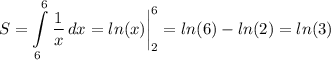 \displaystyle S=\int\limits^6_6 {\frac{1}{x} } \, dx =ln(x)\bigg |_2^6=ln(6)-ln(2) = ln(3)