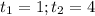 t_1=1 ;t_2=4