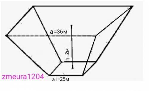 Водоём имеет форму правильной четырёхугольной усечённой пирамиды.Найдите объём земляных работ,выполн