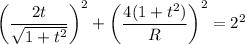 \bigg(\dfrac{2t}{\sqrt{1+t^2}}\bigg)^2+\bigg(\dfrac{4(1+t^2)}{R}\bigg)^2=2^2