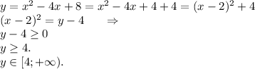 y=x^2-4x+8=x^2-4x+4+4=(x-2)^2+4\\(x-2)^2=y-4\ \ \ \ \ \Rightarrow\\y-4\geq 0\\y\geq 4.\\y\in[4;+\infty).