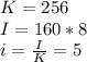 K=256\\I = 160*8\\i = \frac{I}{K} =5