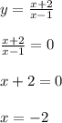 y = \frac{x + 2}{x - 1} \\ \\ \frac{x + 2}{x - 1} = 0 \\ \\ x + 2 = 0 \\ \\ x = - 2