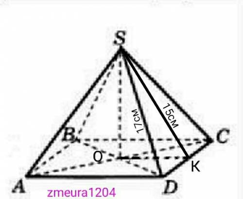 знайдіть площу бічної поверхні правильної чотирикутної піраміди у якій бічне ребро дорівнюе 17см а а