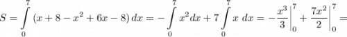 \displaystyle S=\int\limits^7_0 {(x+8-x^2+6x-8)} \, dx =-\int\limits^7_0 {x^2dx+7\int\limits^7_0 {x} \, } \, dx =-\frac{x^3}{3} \bigg |_0^7+\frac{7x^2}{2} \bigg |_0^7=