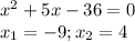 x^2+5x-36=0\\x_1=-9; x_2=4