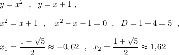 y=x^2\ \ ,\ \ y=x+1\ ,\\\\x^2=x+1\ \ ,\ \ \ x^2-x-1=0\ \ ,\ \ D=1+4=5\ \ ,\\\\x_1=\dfrac{1-\sqrt5}{2}\approx -0,62\ \ ,\ \ x_2=\dfrac{1+\sqrt5}{2}\approx 1,62