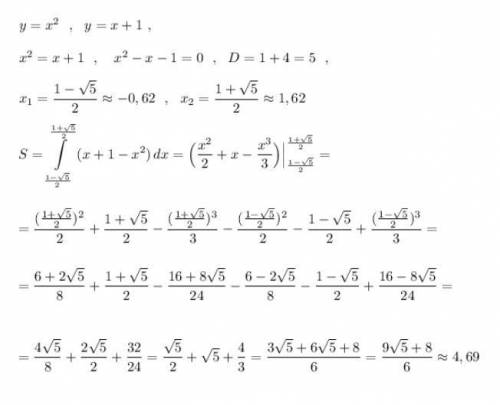 Обчислити площу фiгури обмеженоï параболою у=х^2 та прямою у=х+1​