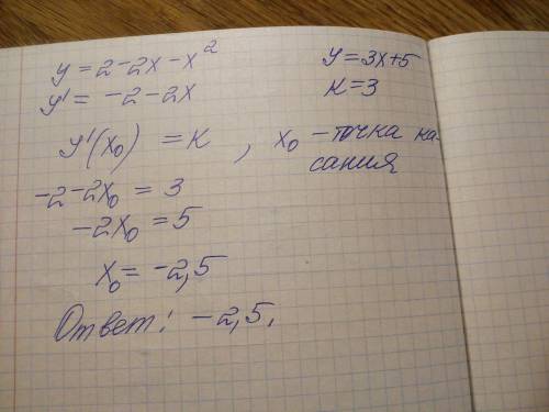 Касательная к графику функции у= 2-2х-х^2 параллельная прямой у=3х+5найдите абциссу точки касания