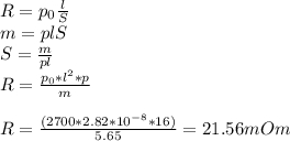 R=p_0 \frac{l}{S}\\m=plS\\S=\frac{m}{pl}\\R=\frac{p_0*l^2*p}{m}\\\\R=\frac{(2700*2.82*10^{-8}*16)}{5.65}=21.56 mOm