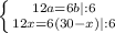 \left \{ {{12a=6b|:6} \atop {12x=6(30 - x)|:6}} \right.