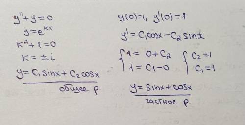 Знайти частинний розв`язок диференціального рівняння y+y=0; y(0)=1; у'(0)=1