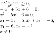 \frac{-x^{2} +5x+6}{x^{2} } }\geq 0,\\-x^{2} +5x+6=0,\\x^{2} -5x-6=0,\\x_{1}+x_{2}=5, x_{1}*x_{2}=-6,\\x_{1}=6, x_{2}=-1,\\x\neq 0