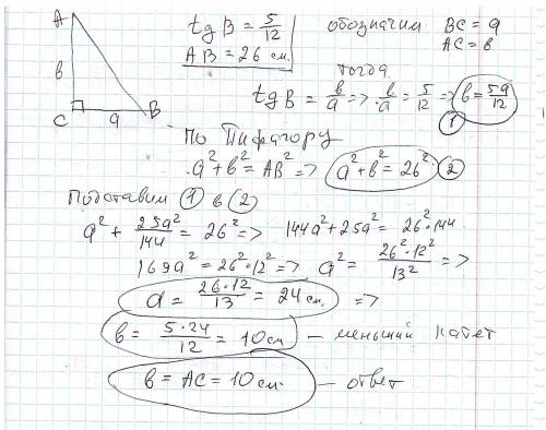 У трикутника ABC ∠С=90°, tgB=5/12, AB=26cm. Знайдіть довжину меншого катета​