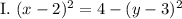 \text{I}. ~ (x-2)^{2} = 4 - (y - 3)^{2}