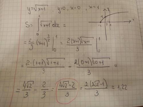 Определите площадь фигуры y=корень из x+1, ограниченной линиями y=0,x=0,x=1